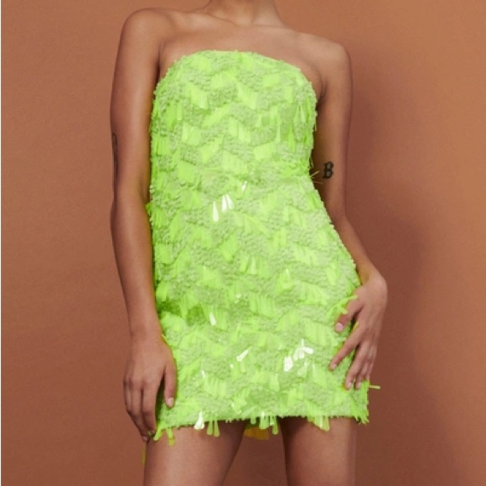 BCBGMaxazria James Strapless Mini Green Sequin Dress